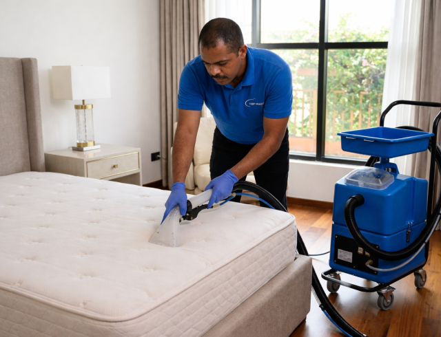 Técnico a realizar limpeza técnica de colchão com equipamento profissional para remoção de ácaros e sujidade em residência na Praia, Cabo Verde