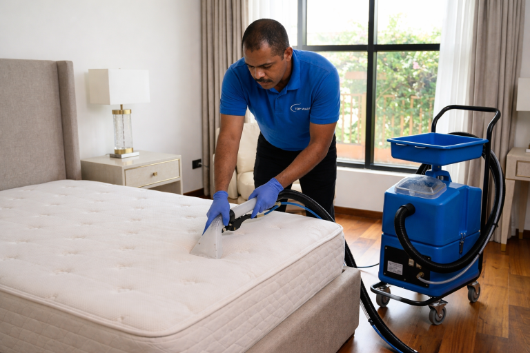 Técnico a realizar limpeza técnica de colchão com equipamento profissional para remoção de ácaros e sujidade em residência na Praia, Cabo Verde