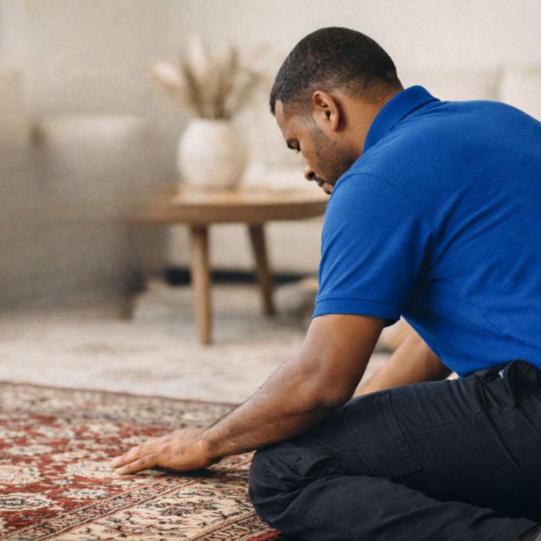 Técnico da Top Wash a realizar avaliação técnica de tapetes orientais ao domicílio na Praia, Ilha de Santiago