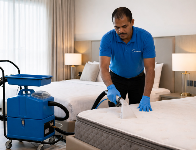 Técnico a realizar limpeza técnica de colchão com equipamento profissional para remoção de ácaros e sujidade em quarto de hotel na Praia, Cabo Verde