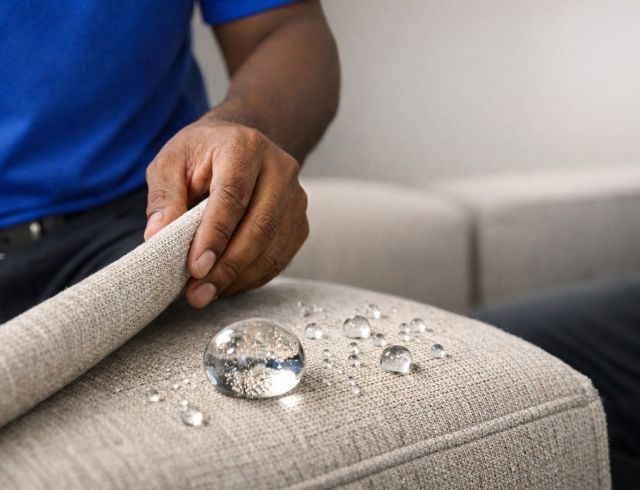 Técnico da Top Wash realizando teste de repelência da aplicação de proteção impermeabilizante em sofá de tecido após limpeza técnica, formando efeito repelente a líquidos