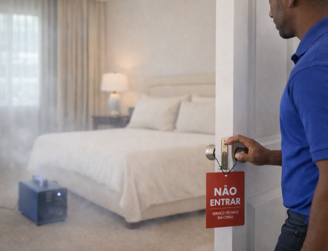 Técnico Top Wash a finalizar tratamento de ácaros e odores com gerador de ozono em quarto residencial na Praia